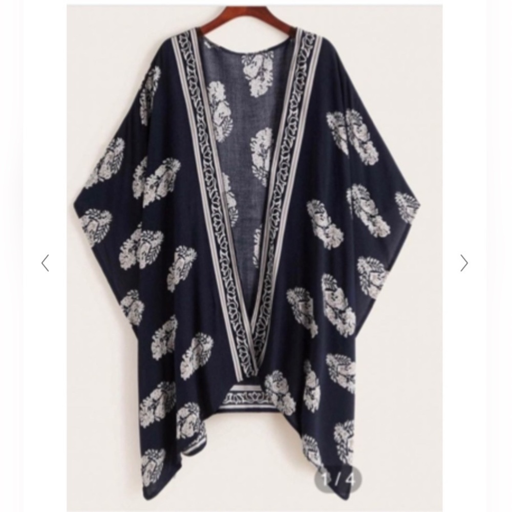 SHEIN Tribal Print Kimono Dark Blue Swim Cover Layering